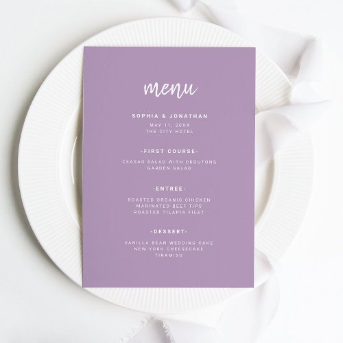 Modern Minimalist Script Lavender  Wedding Menu