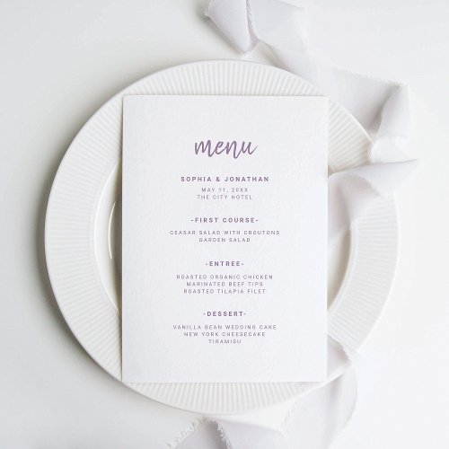 Modern Minimalist Script Lavender  Wedding Menu