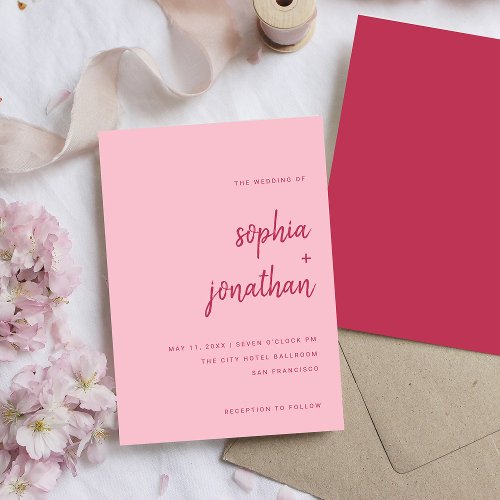 Modern Minimalist Script Magenta and Pink Wedding Invitation