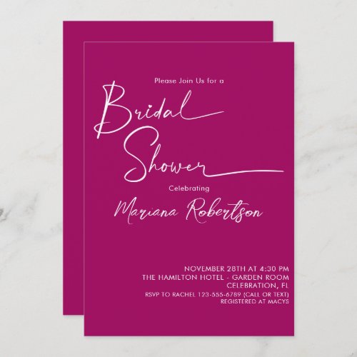 Modern Minimalist Script Magenta Bridal Shower Inv Invitation