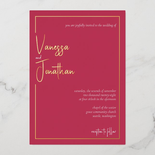 Modern Minimalist Script Magenta Gold Foil Invitation (Front)