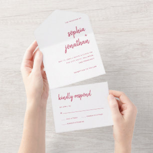 Modern Minimalist Script   Magenta Red Wedding All In One Invitation