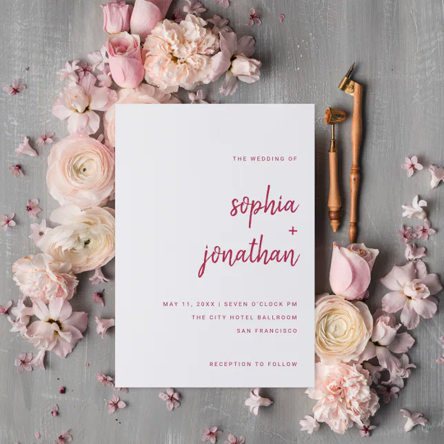 Modern Minimalist Script Magenta Red Wedding Invitation Zazzle 3098