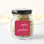 Modern Minimalist Script Magenta Red | Wedding Square Sticker<br><div class="desc">These elegant,  minimalist wedding stickers feature white modern script typography and clean,  sans serif text on a colorful magenta red background for a simple and stylish design you will love.</div>