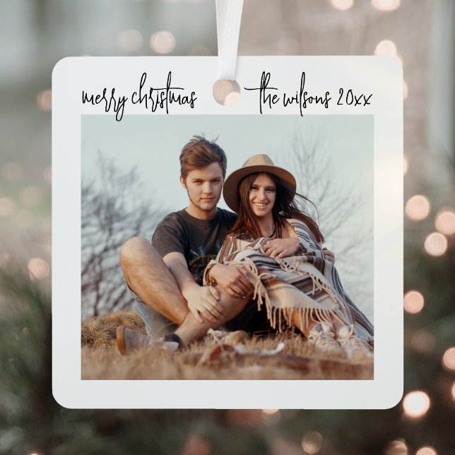 Modern Minimalist Script Merry Christmas 2 Photo Metal Ornament (Creator Uploaded)