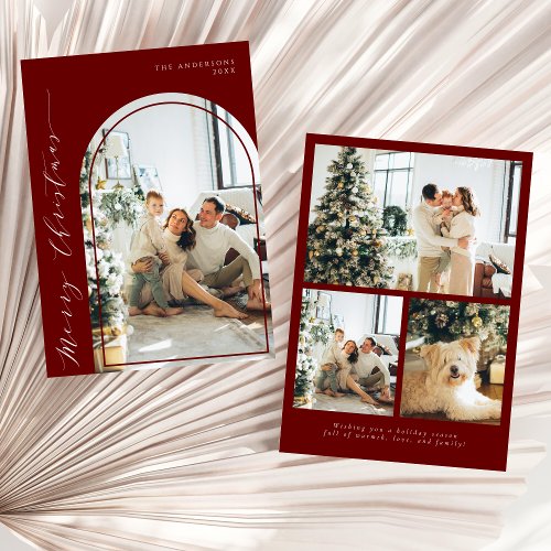 Modern Minimalist Script Merry Christmas Photo Red Holiday Card