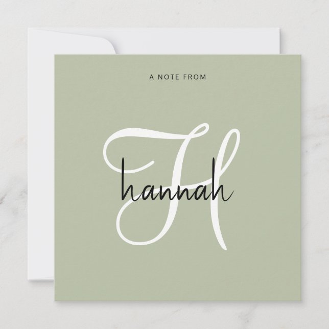 Modern Minimalist Script Monogram Sage Green Note Card (Front)