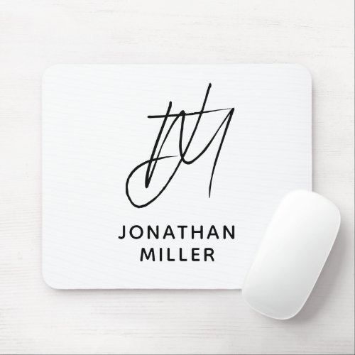 Modern Minimalist Script Monogram White Mouse Pad