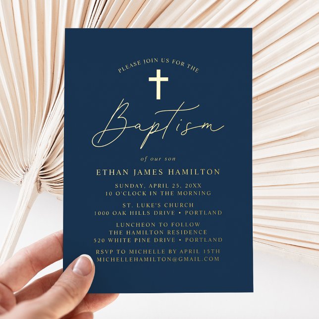 Modern Minimalist Script Navy Baptism Foil Invitation (Creator Uploaded)