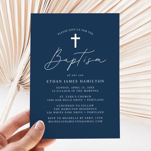 Modern Minimalist Script Navy Baptism Invitation