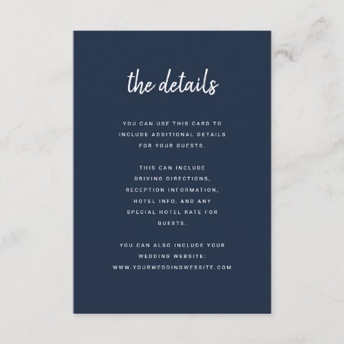 Modern Minimalist Script Navy Blue Wedding Details Enclosure Card