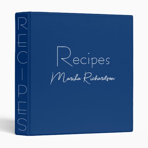 Modern Minimalist Script Navy Recipes 3 Ring Binder