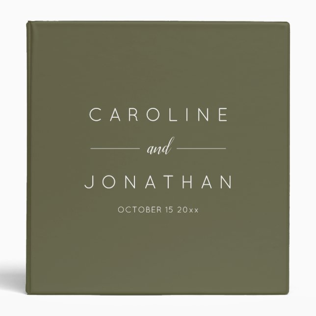 Modern Minimalist Script Olive Moss Custom Wedding 3 Ring Binder (Front)