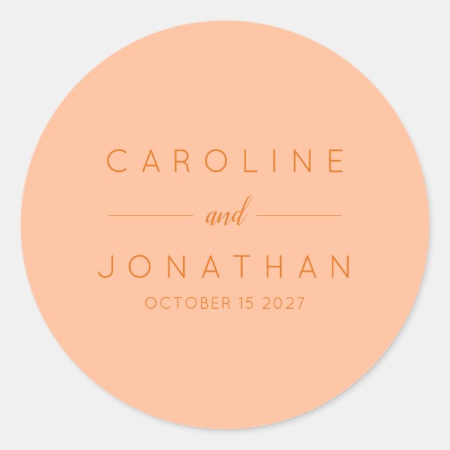 Modern Minimalist Script Peach Custom Wedding Classic Round Sticker (Front)