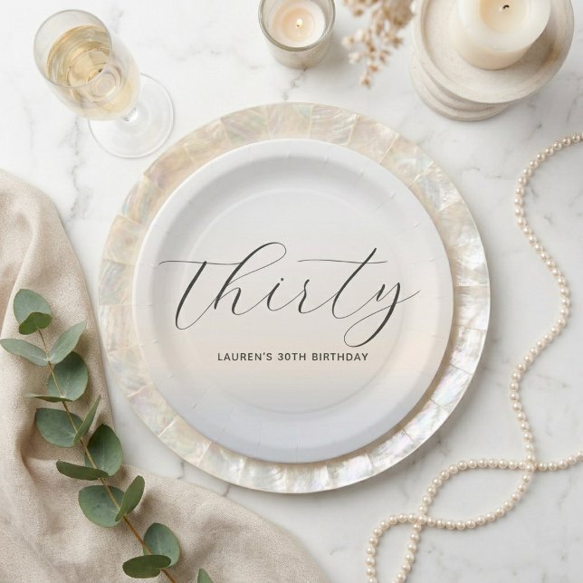Modern Minimalist Script Pearl 30th Birthday Paper Plates (Creator Uploaded)