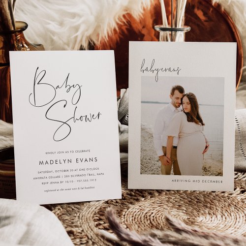 Modern Minimalist Script  Photo Baby Shower Invitation