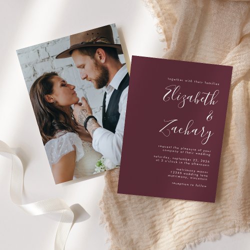 Modern Minimalist Script Photo Burgundy Wedding Invitation