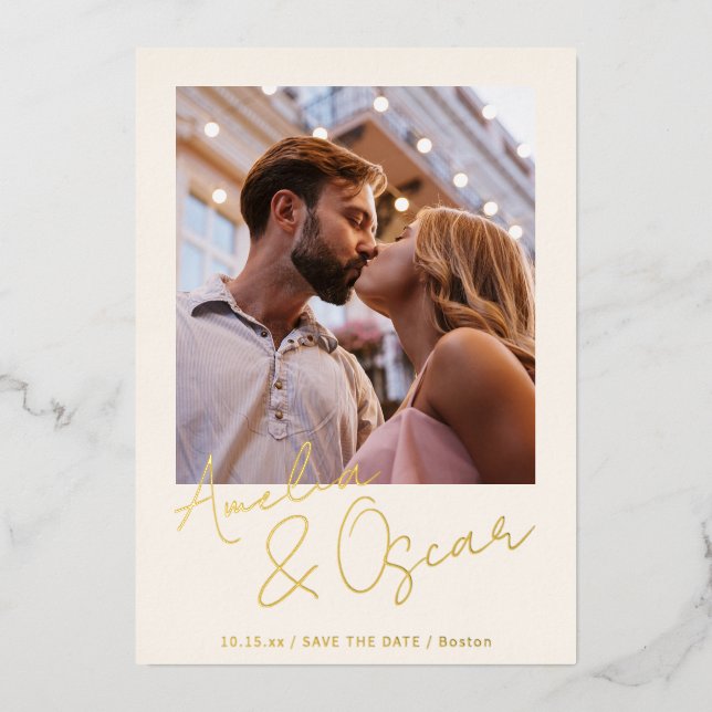 Modern Minimalist Script Photo Save the Date Gold Foil Invitation (Front)
