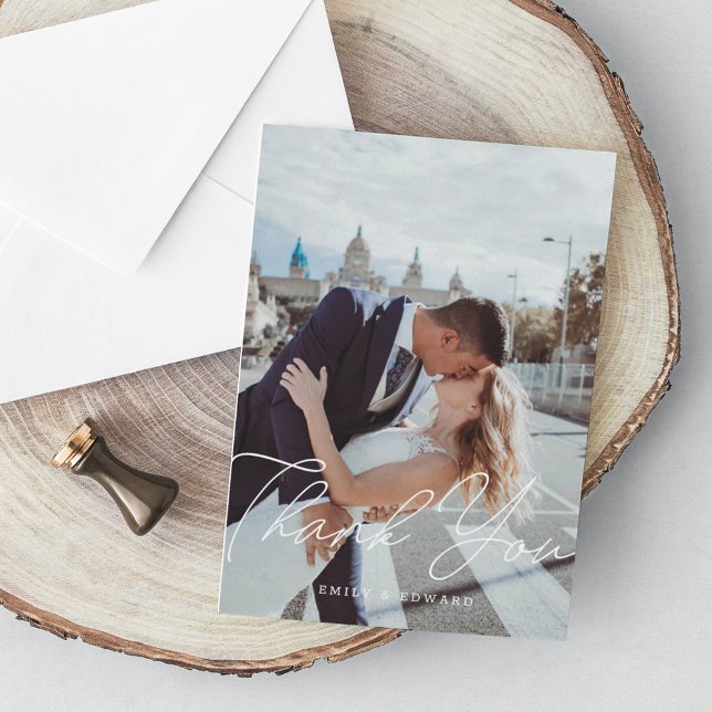 Modern Minimalist Script Photo Wedding Thank You Card (Creator Uploaded)