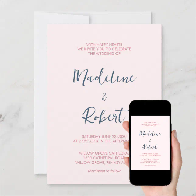 Modern Minimalist Script Pink Blue Wedding Invitation | Zazzle
