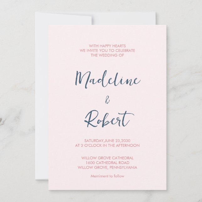 Modern Minimalist Script Pink Blue Wedding Invitation (Front)