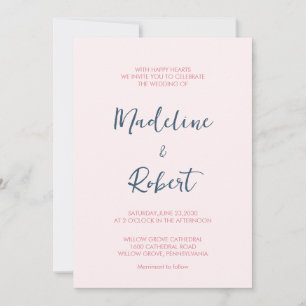 Modern Minimalist Script Pink Blue Wedding Invitation