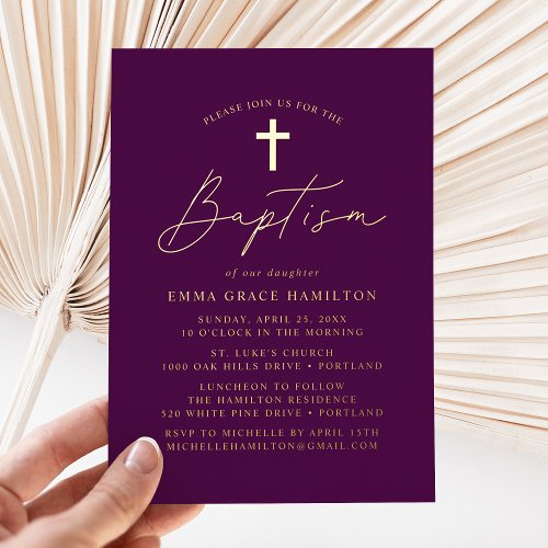 Modern Minimalist Script Purple Baptism Foil Invitation