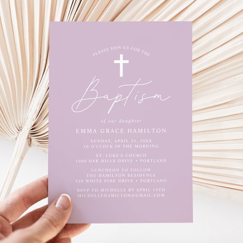 Modern Minimalist Script Purple Baptism Invitation