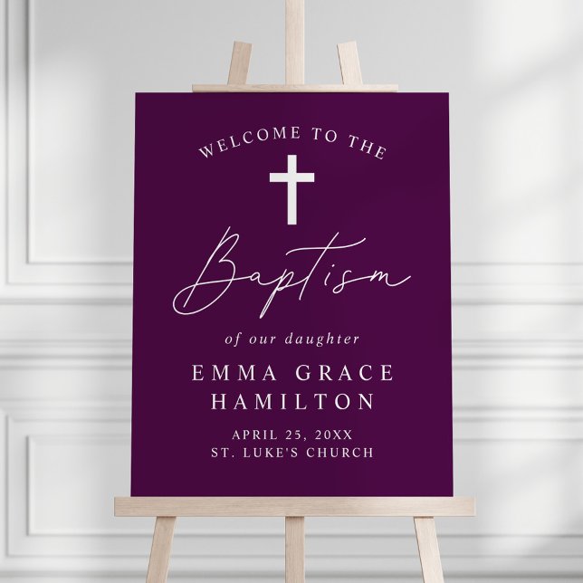 Modern Minimalist Script Purple Baptism Welcome Foam Board (Creator Uploaded)