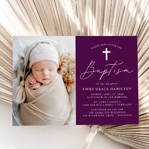 Modern Minimalist Script Purple Photo Baptism Invitation