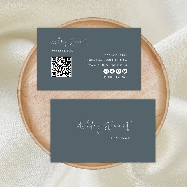 Modern Minimalist Script Qr Code Professional Navy Business Card (Creator Uploaded)