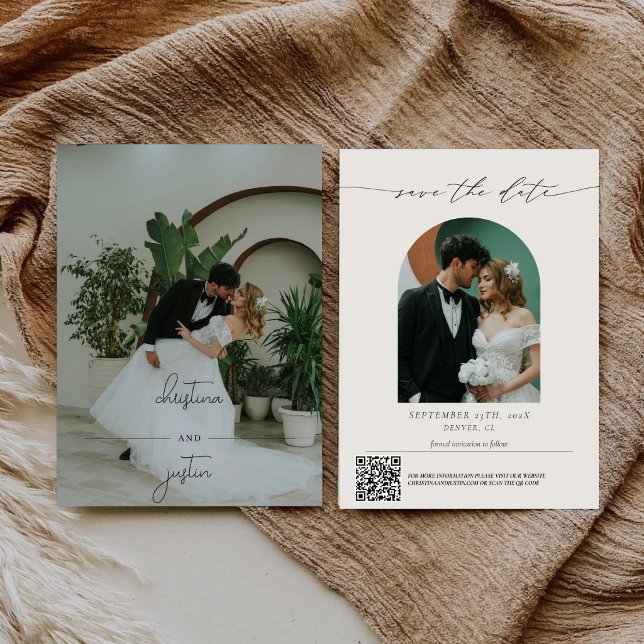 Modern Minimalist Script Qr Code Wedding Photo  Save The Date (Creator Uploaded)