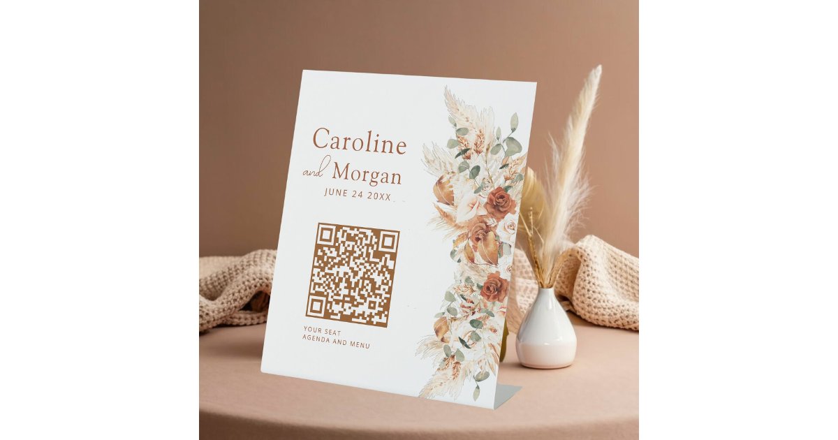 Answer Booklet Script Qr Code Photo Modern Minimalist Script QR Code Wedding Seating Pedestal Sign | Zazzle