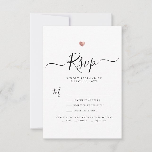 Modern Minimalist Script Rose Gold Wedding RSVP Card (Front)