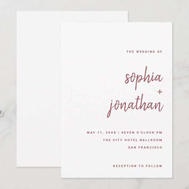 Modern Minimalist Script Rose Pink | Wedding Invitation (Front/Back)