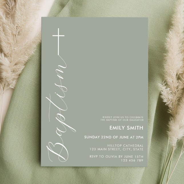 Modern Minimalist Script Sage Green Baptism Invitation (Creator Uploaded)