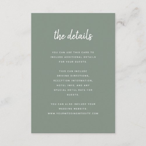 Modern Minimalist Script Sage Green   Details Enclosure Card