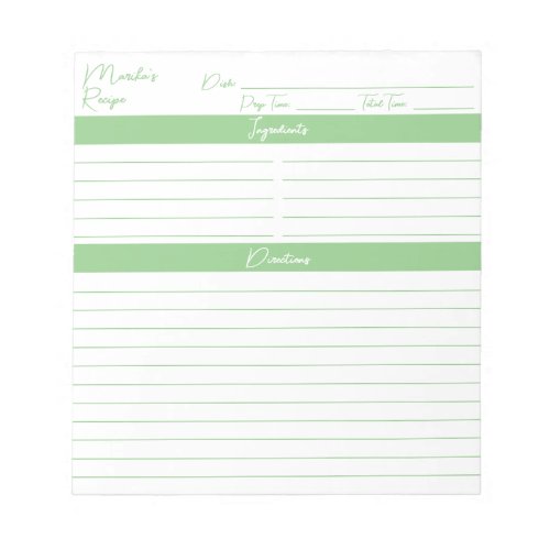 Modern Minimalist Script Sage Green Recipes Notepad