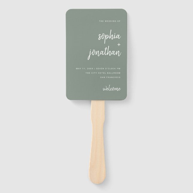 Modern Minimalist Script Sage Green | Wedding Hand Fan (Front)