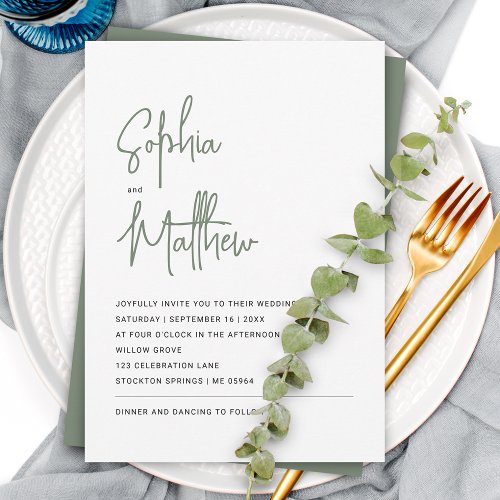 Modern Minimalist Script Sage Green  Wedding Invitation