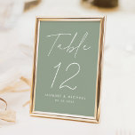 Modern Minimalist Script Sage Green Wedding Table Number<br><div class="desc">Simple, modern wedding table number cards featuring "Table" displayed in a handwritten white script with a sage green background (or a color of your choosing). To order the sage green wedding table cards: add your name, wedding date, and table number. Each number needs to be added to your cart individually....</div>