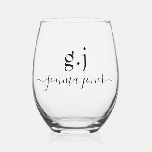 Modern Minimalist Script Serif Monogram Stemless Wine Glass