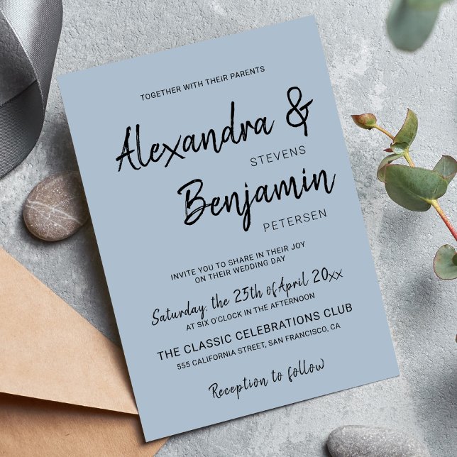 Modern minimalist script simple dusty blue wedding invitation (Creator Uploaded)