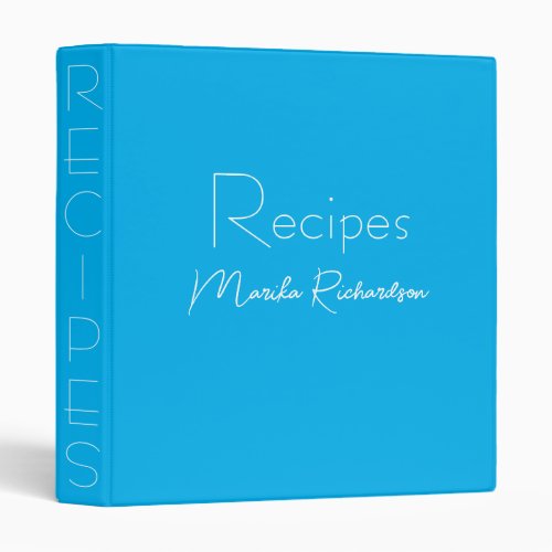 Modern Minimalist Script Sky Blue Recipes 3 Ring Binder