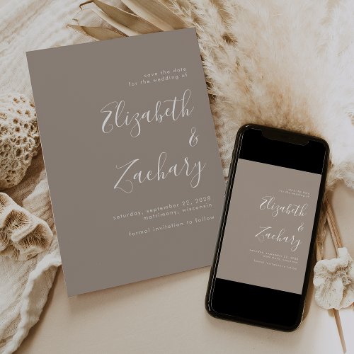 Modern Minimalist Script Taupe Save the Date Announcement