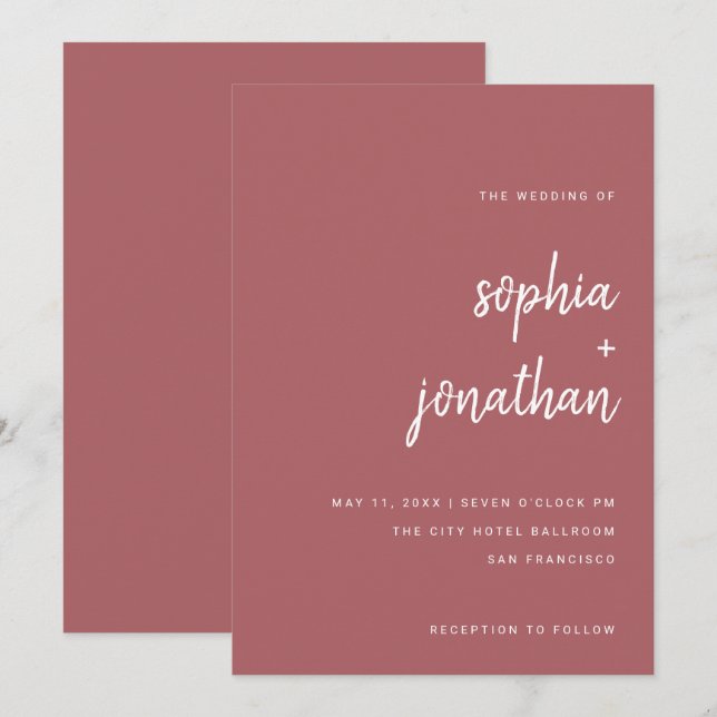 Modern Minimalist Script Terra Rosa | Wedding Invitation (Front/Back)