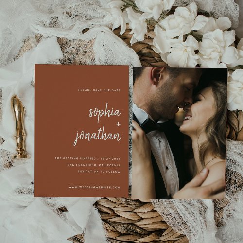 Modern Minimalist Script Terracotta  Photo Back Save The Date