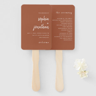 Modern Minimalist Script Terracotta   Wedding Hand Fan