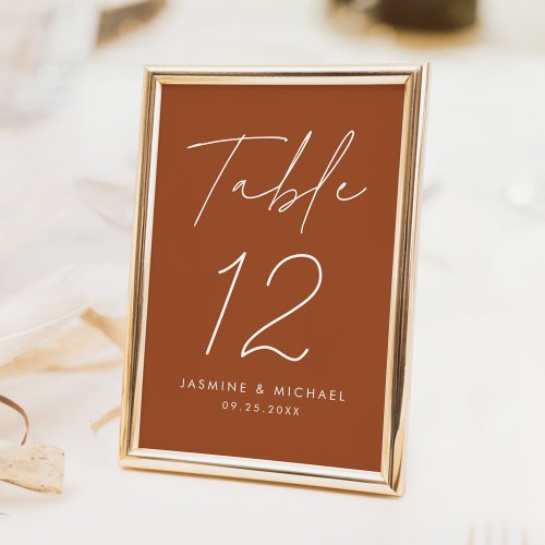 Modern Minimalist Script Terracotta Wedding Table Number