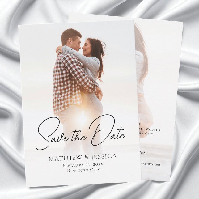 Modern Minimalist Script Two Photo Elegant Wedding Save The Date (Modern Minimalist Script Two Photo Elegant Wedding Save The Date)